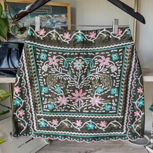 NWT-Francesca's Olive Green Mini Skirt w/ Embroidered Floral Design-Size Small
